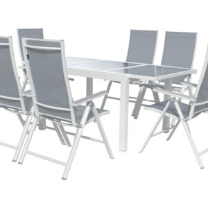 LIVARNO HOME Alu-Set Houston, 7-delig - uitschuifbare tafel & 6 tuinstoelen, wit. (4052916308943)
